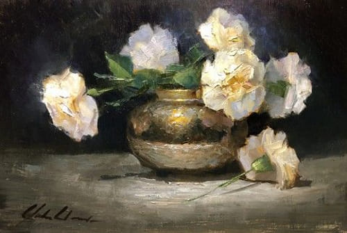 White Carnations in Brass Vase  8x12   $450 at Hunter Wolff Gallery